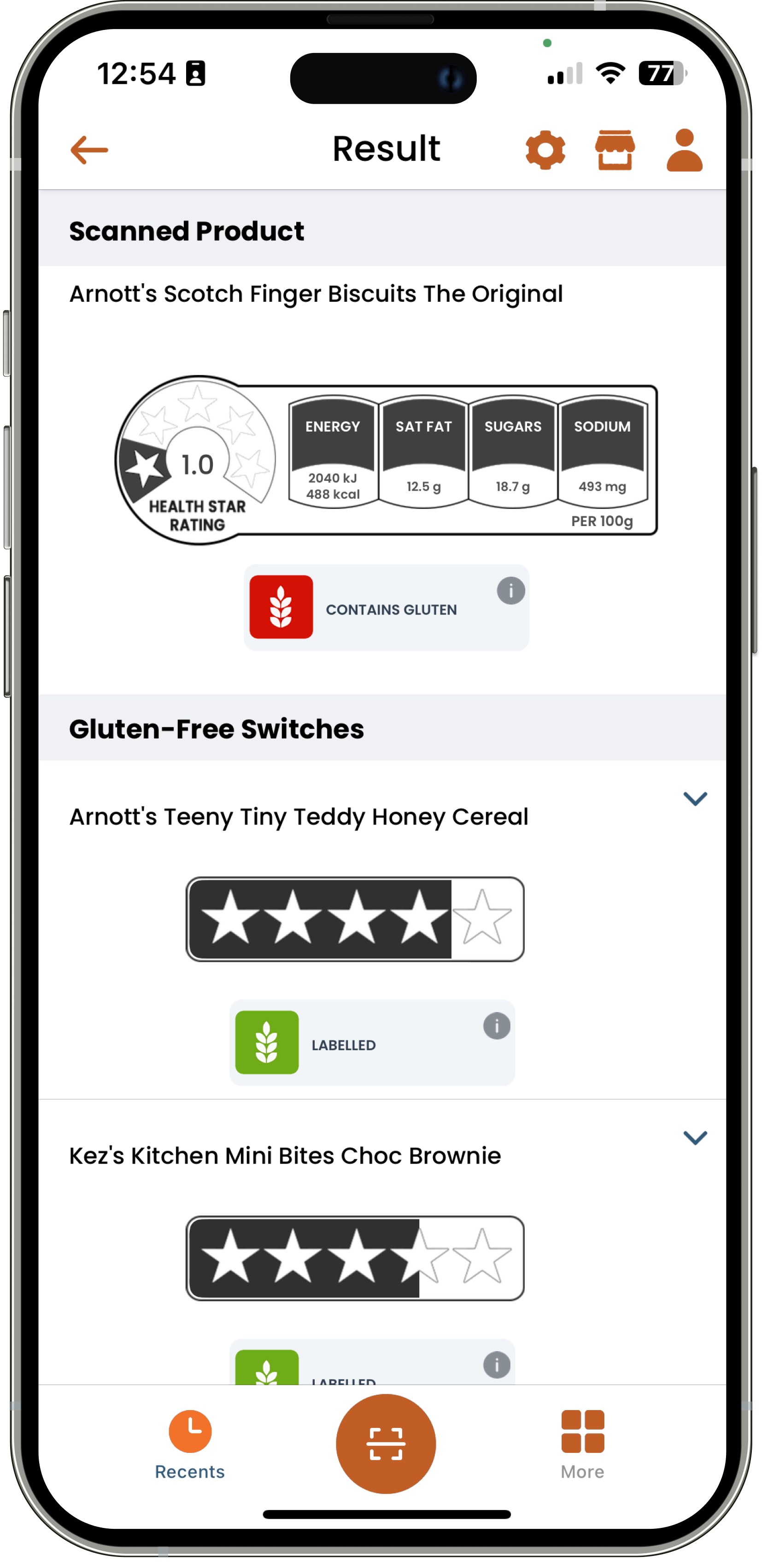 App showing gluten content and gluten-free product alternatives.