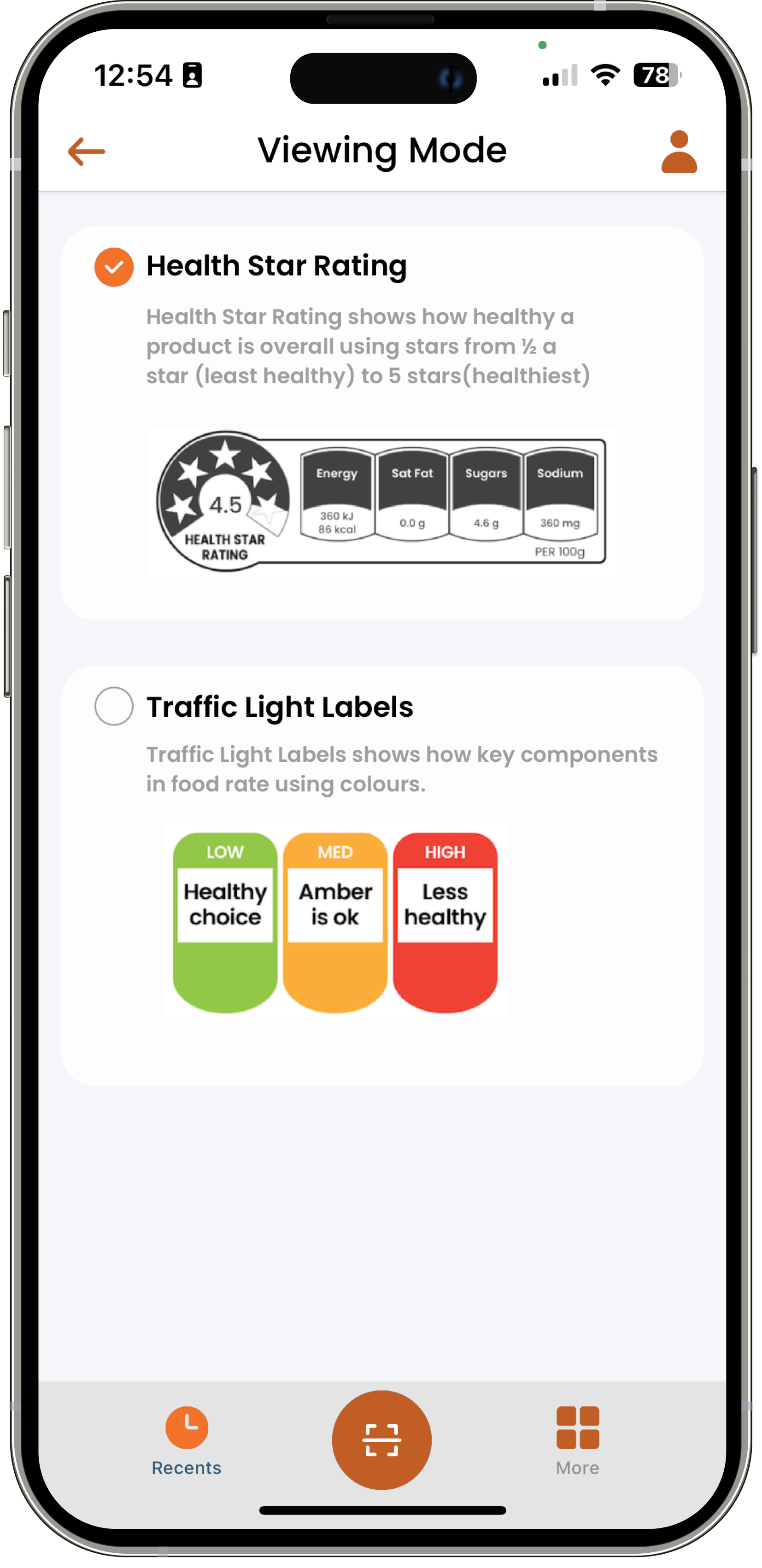 App showing health star and traffic light label options.