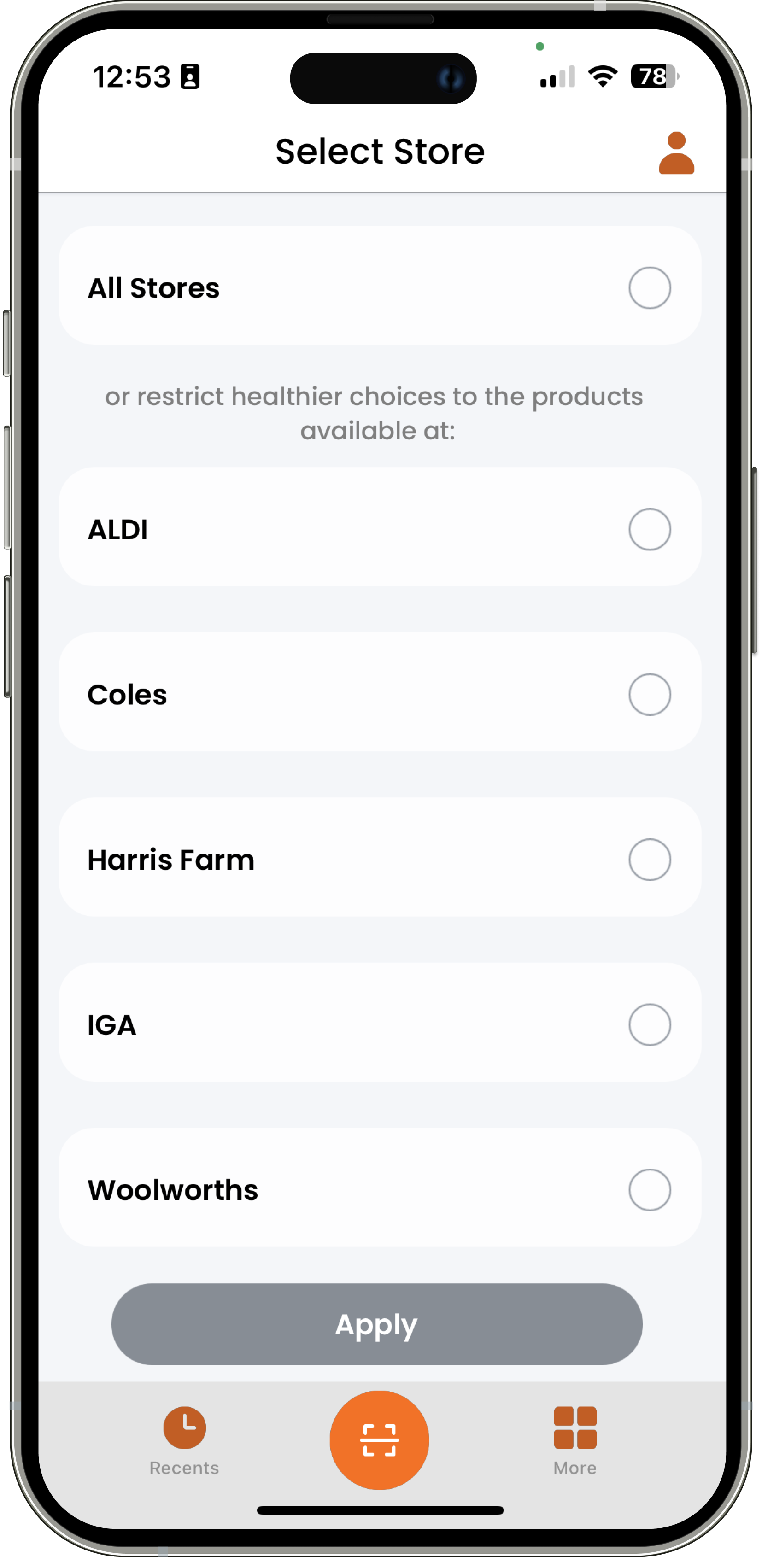 App screen to select stores for healthier product options.