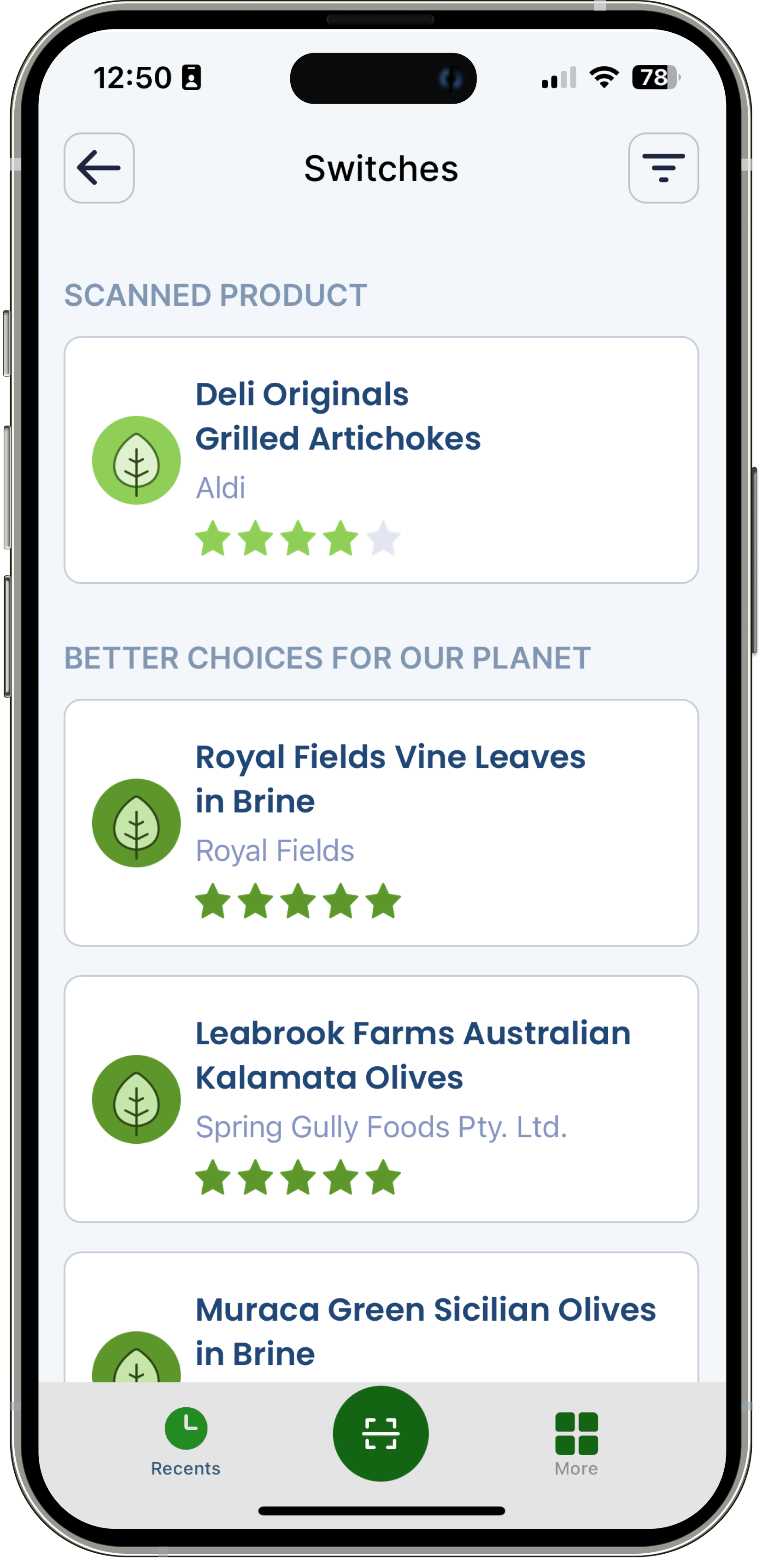 App showing product alternatives with eco-friendly ratings and stars.