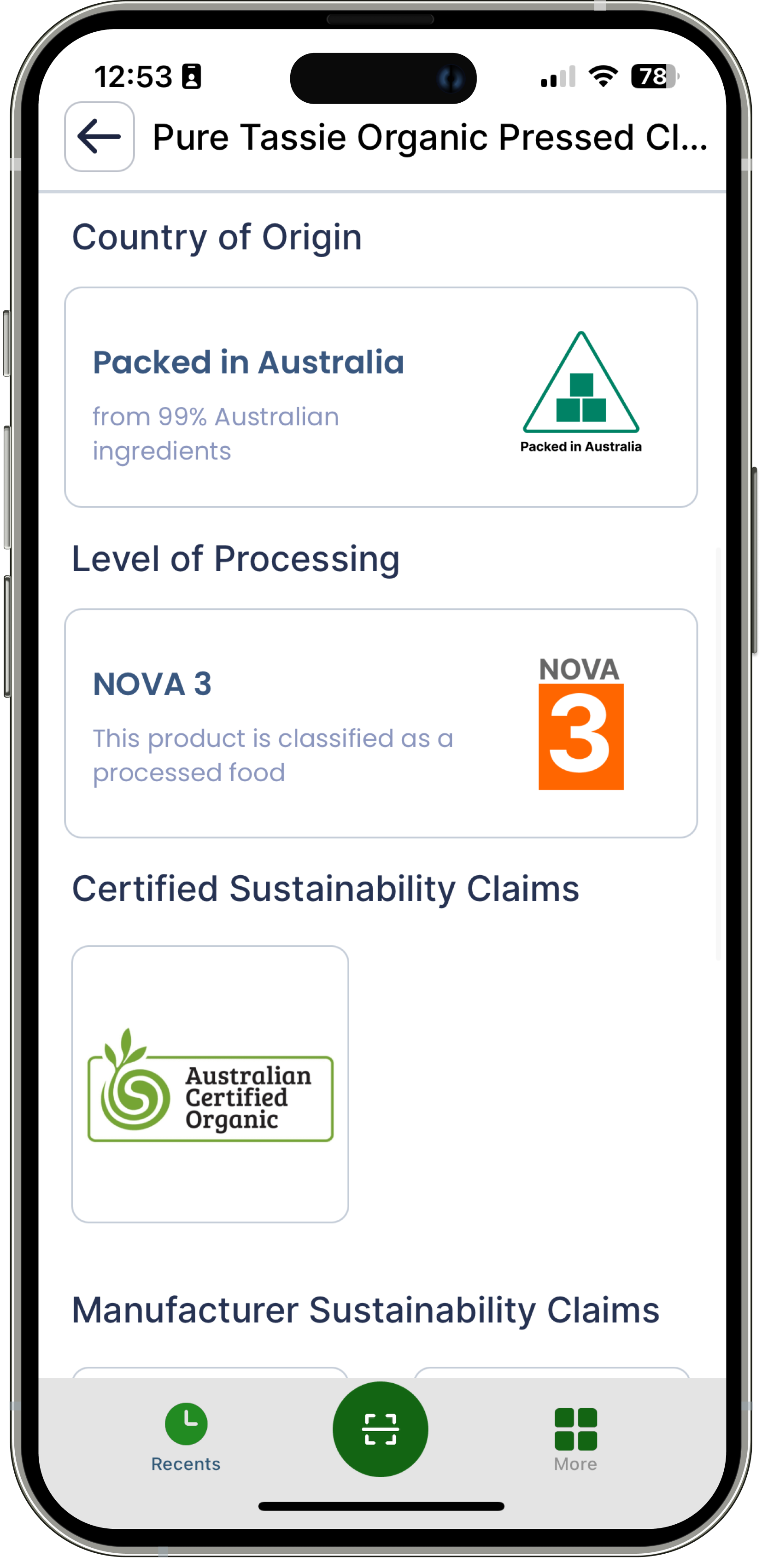 App showing product origin, processing level, and certifications.