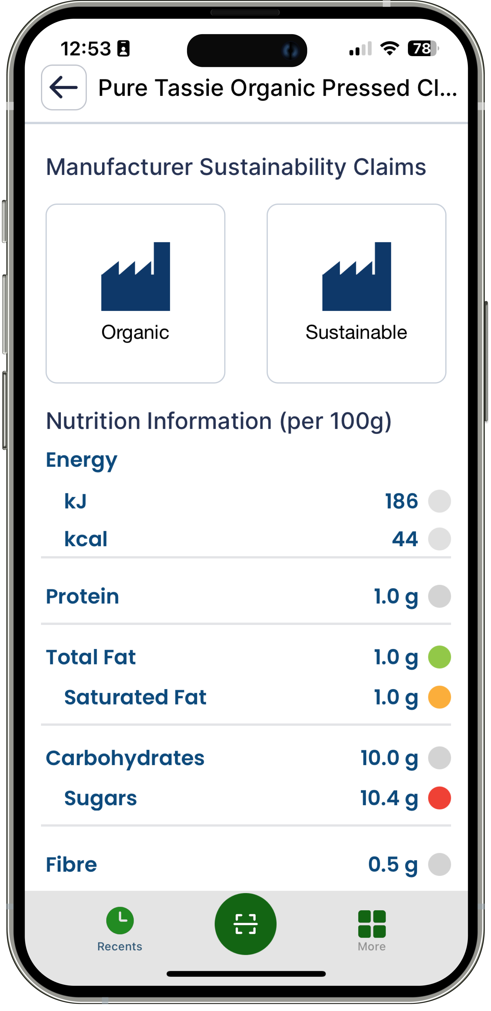 App showing sustainability claims and detailed nutrition information.