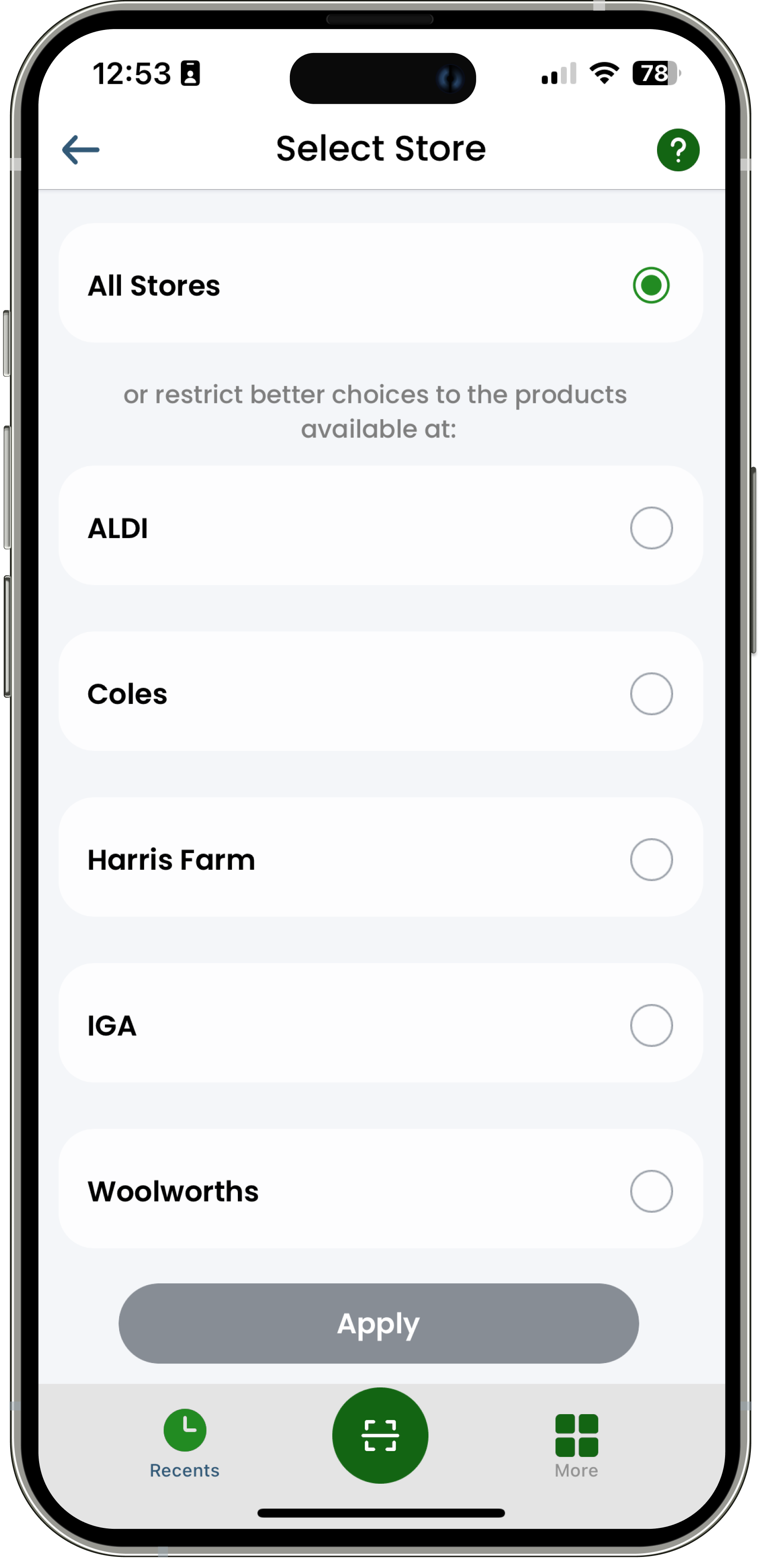 App screen for selecting stores to filter eco-friendly products.