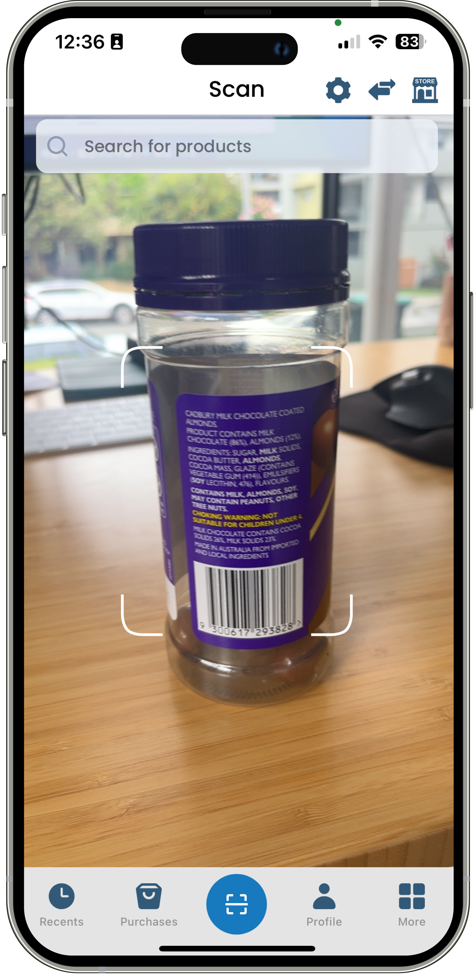App interface scanning a jar with product details visible.