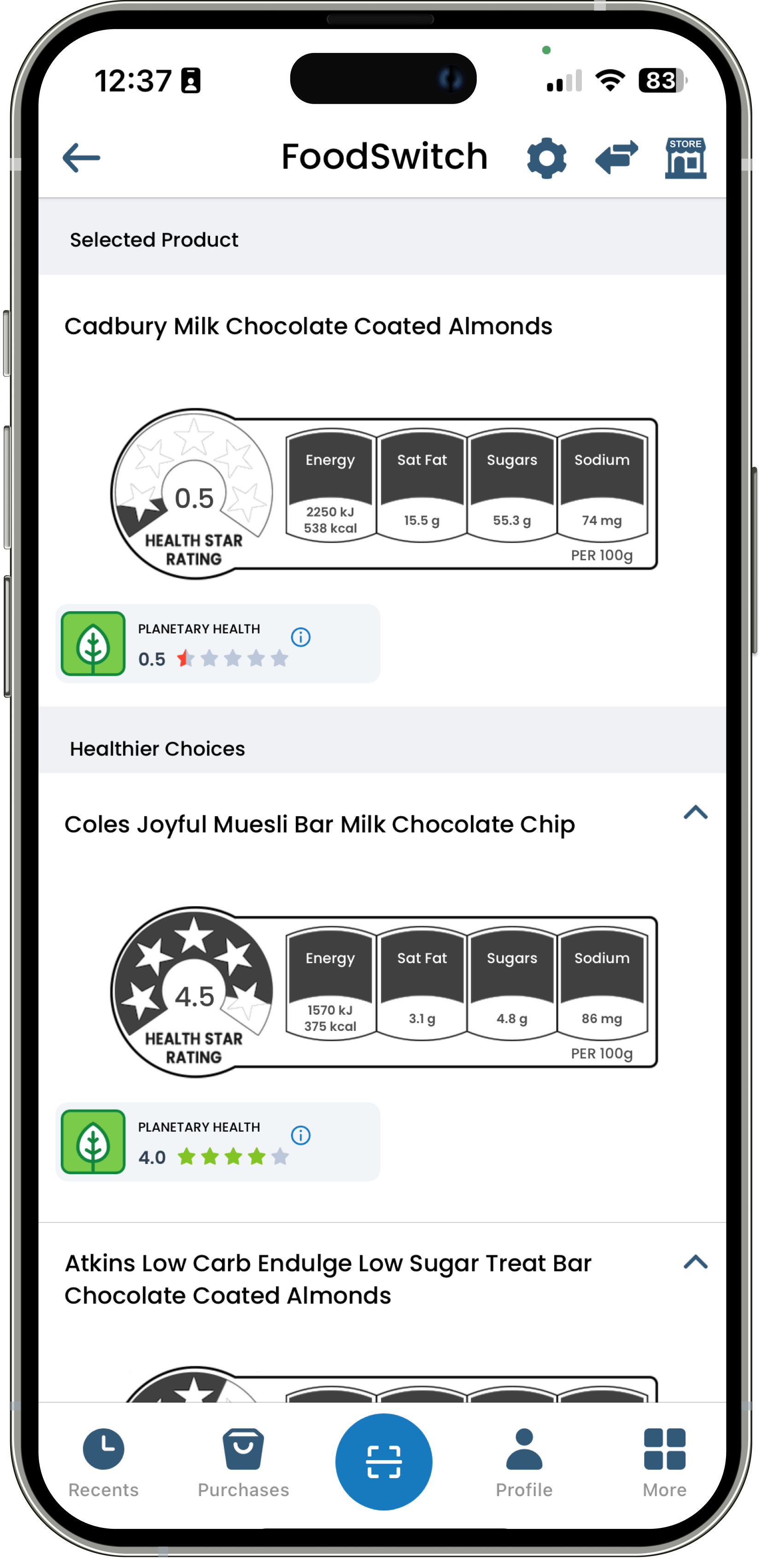 App displaying product comparisons with health and planetary ratings.