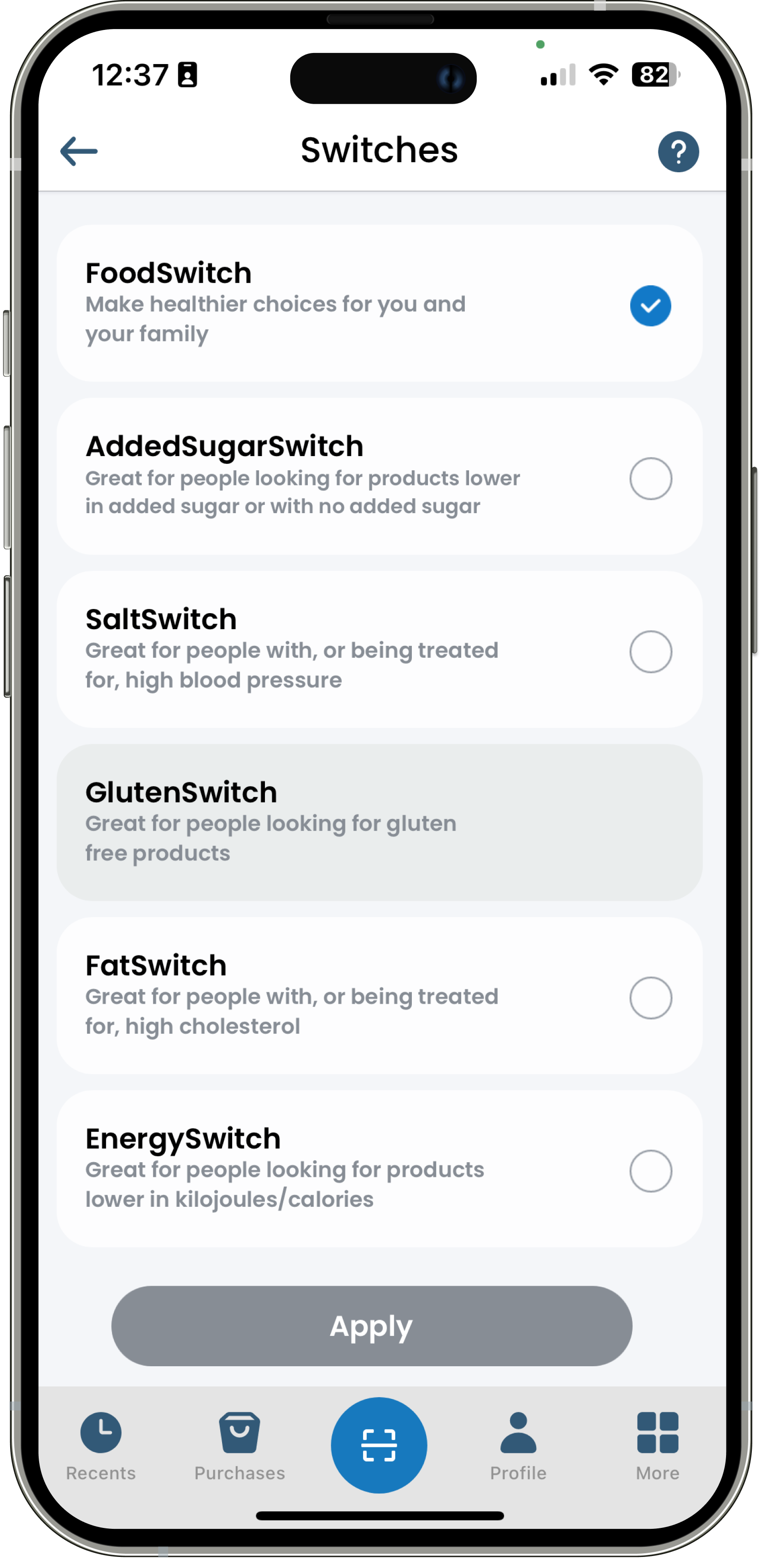 The app screen shows switch options for healthier food choices.