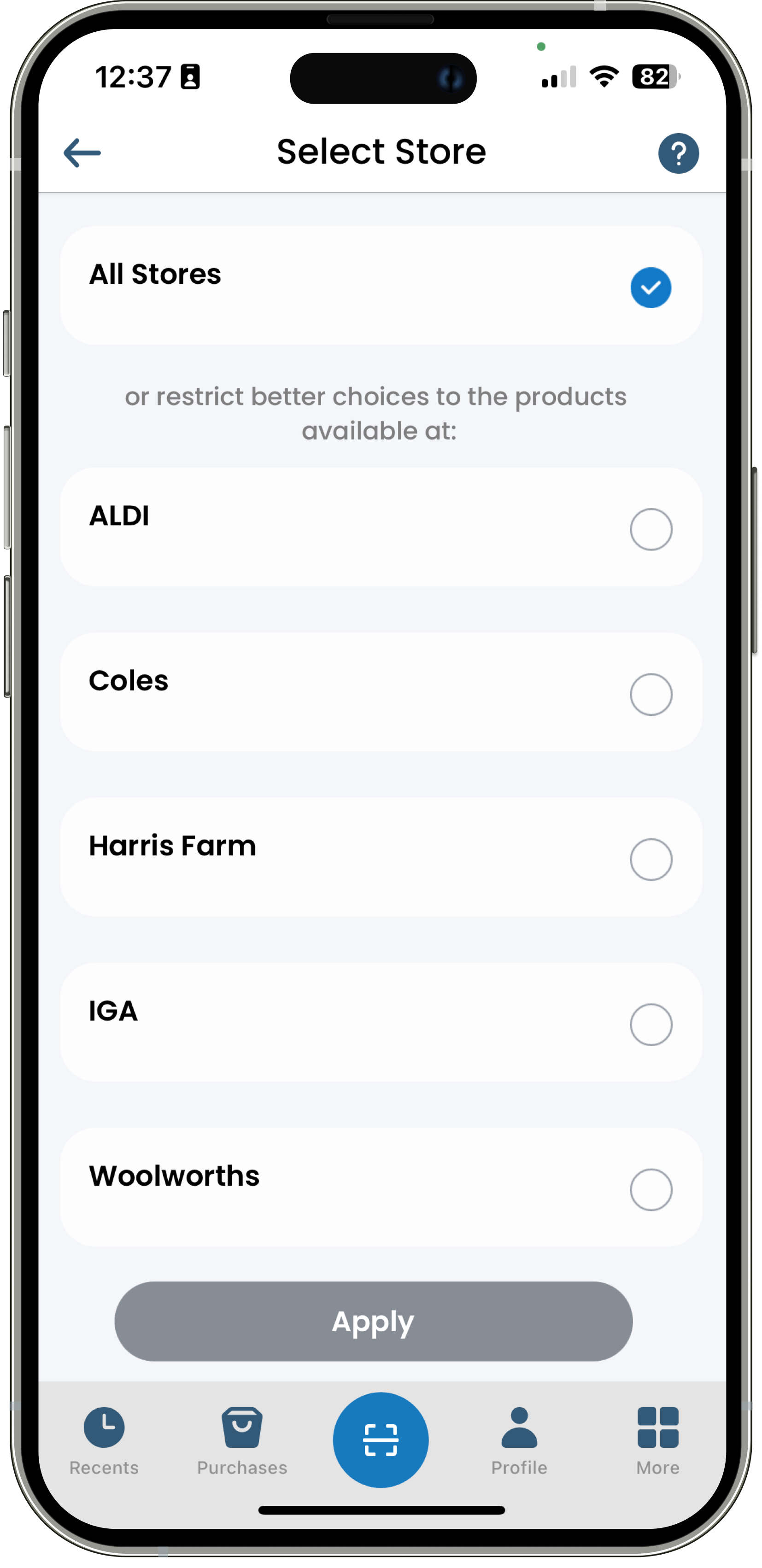App screen for selecting stores to filter product options.