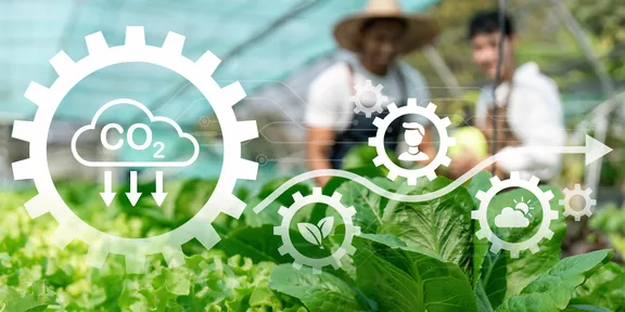 Farmers, CO2, plant growth icons in a greenhouse.