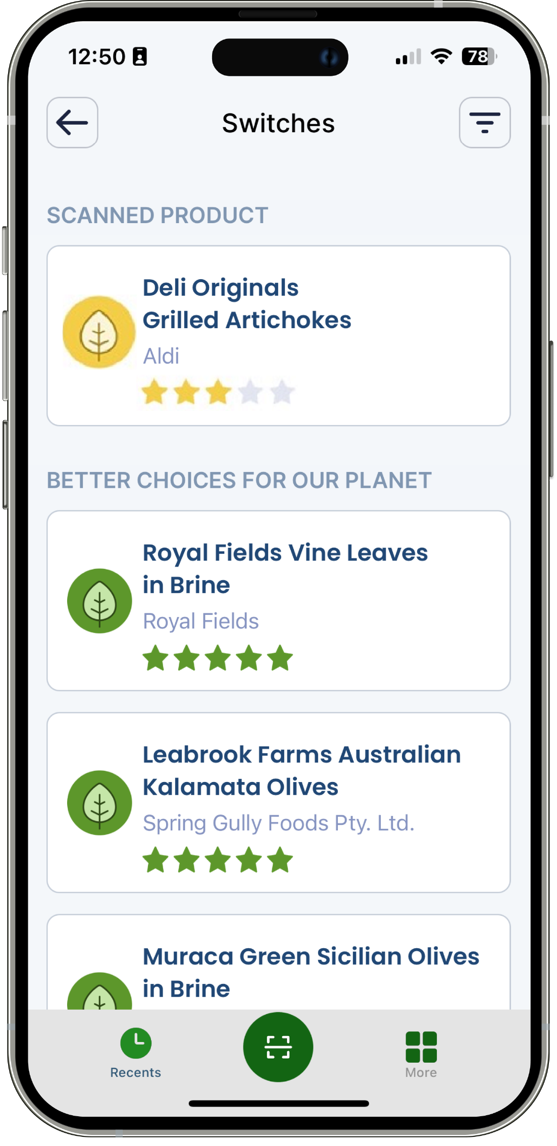 ecoSwitch displaying product comparisons with planetary ratings.