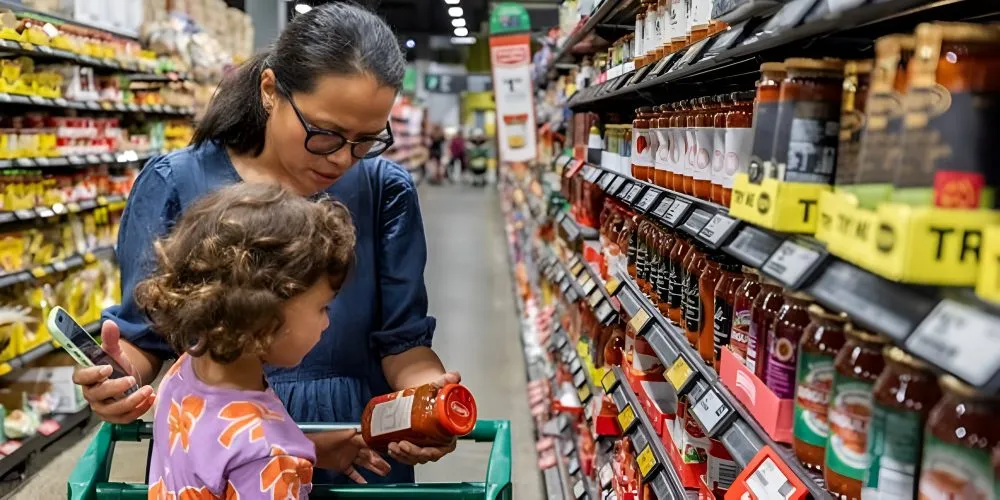 Woman and child in shoopping cart in supermarket